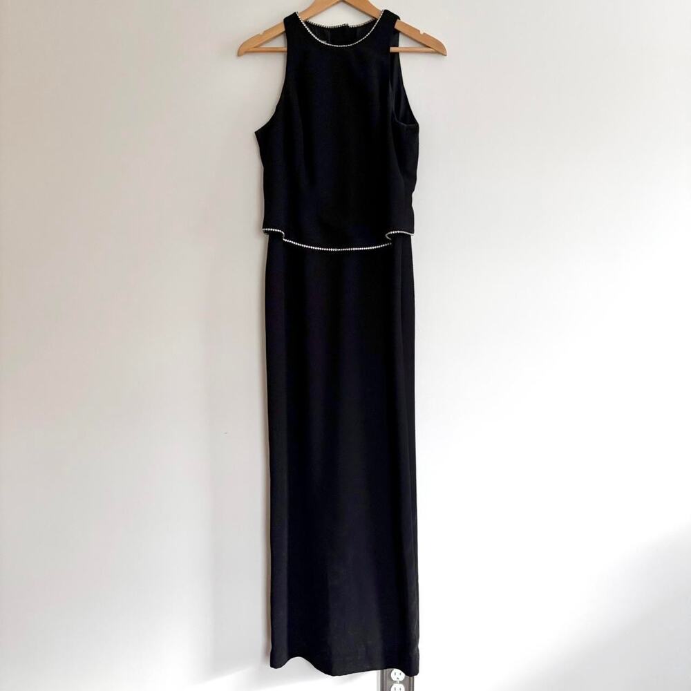 Vintage 90s Black Rhinestone Trim Maxi Dress 10 Overlay 90s Minimalist Formal